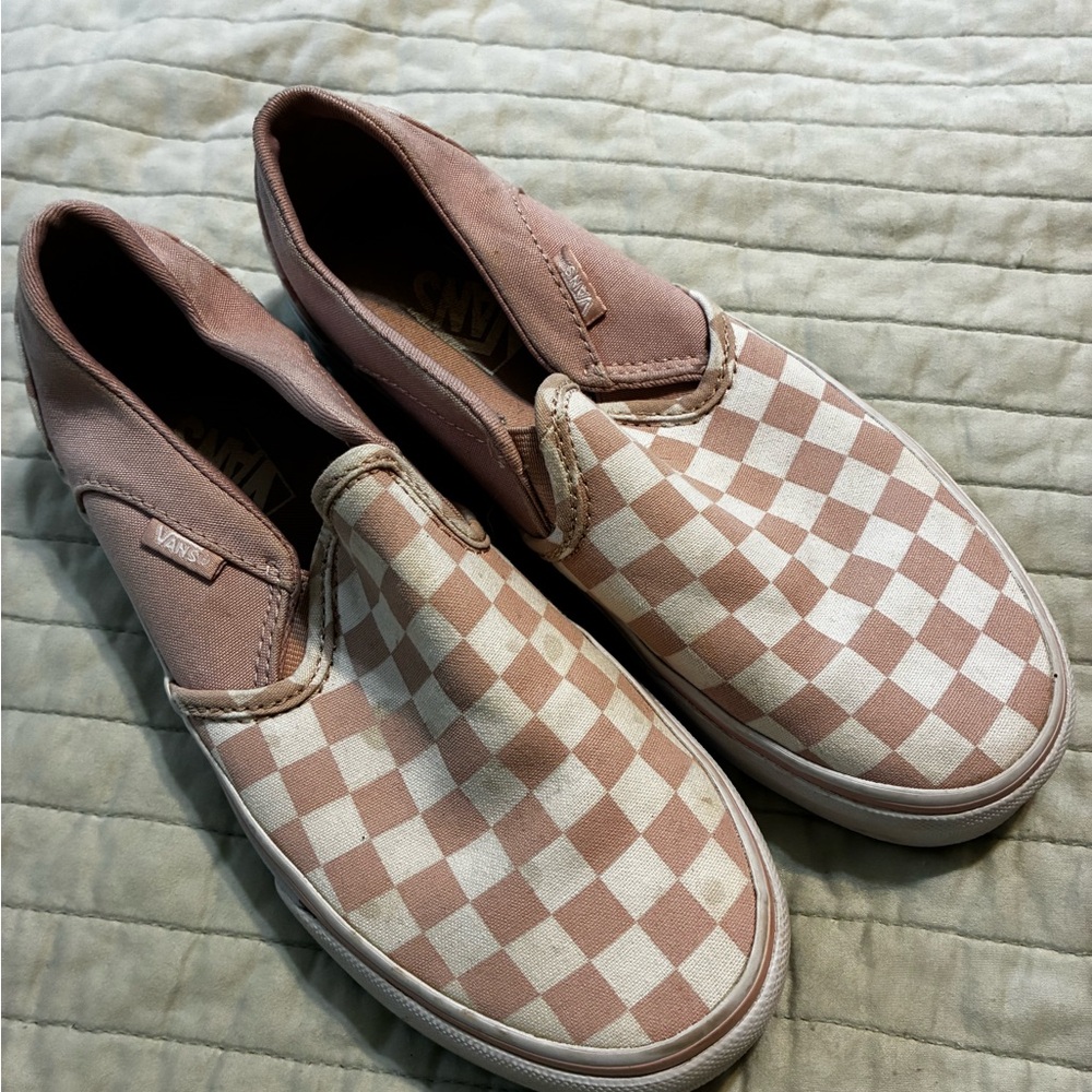 Vans Blush and White Checkered Slip-Ons